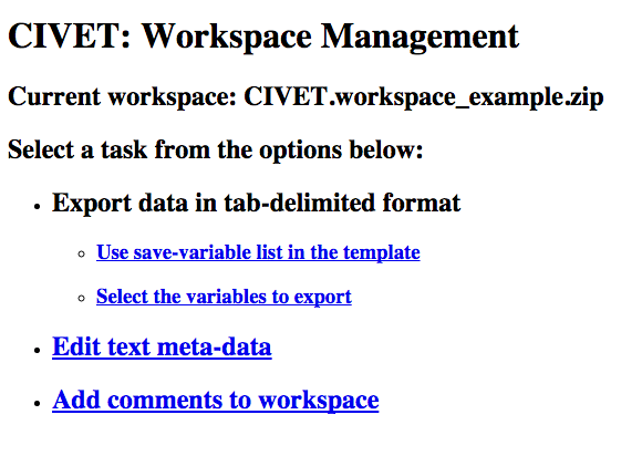 CIVET workspace management page
